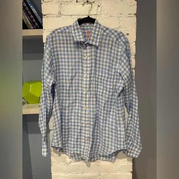 J.McLaughlin Men's Long Sleeve Shirt Blue White Gingham Linen Small‎ - Picture 1 of 8